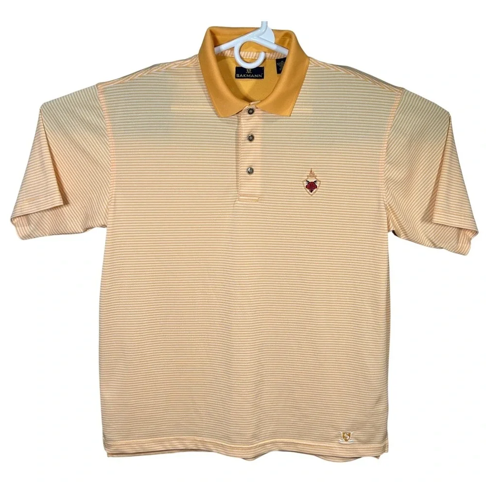 Sakmann Striped Golf Polo Shirt Mens Medium Peach Orange Short Sleeve Fox‎ Logo
